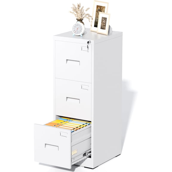 MISSUNNY 3-Drawer Vertical Metal File Cabinet with Lock, Heavy Duty Steel Storage for Legal/Letter/A4 Files, Home Office, White