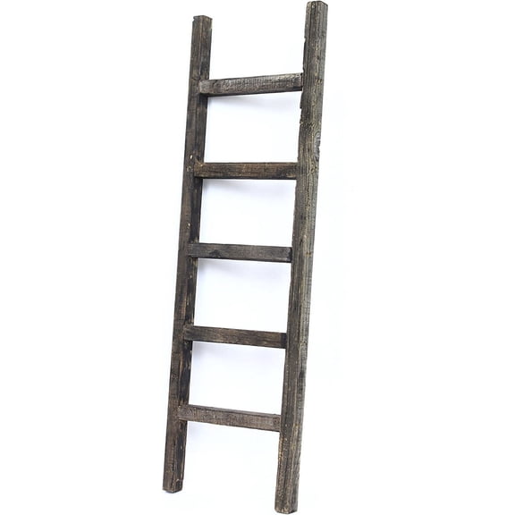 MISSUNNY 47" Black Farmhouse Decorative Ladder, Reclaimed Wood, No Assembly, Wall Mount/Lean, 4 Rungs, Rustic Quilt Blanket Rack
