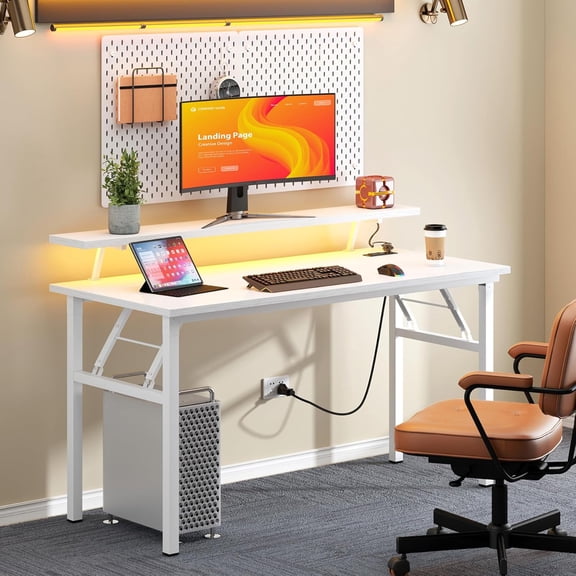 MISSUNNY 47" Folding Desk w/ LED Lights, Power Outlets & Monitor Shelf - White Home Office Computer Table