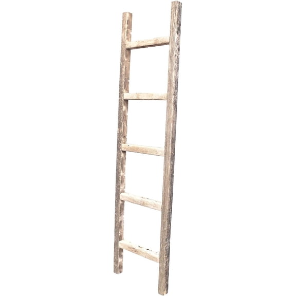 MISSUNNY 5ft Rustic Farmhouse Decorative Ladder - Weathered Gray Upcycled Wood Blanket Quilt Rack, No Assembly, Wall Mounted or Leaning
