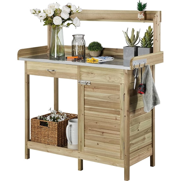 MISSUNNY ACQ Wood Potting Bench, Outdoor Work Station w/Cabinet, Drawer & Shelves, Light Green