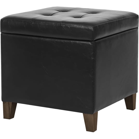 MISSUNNY Black Faux Leather Storage Ottoman Bench, Tufted Square Foot Stool with Hinged Lid, Solid Wood Legs for Living Room, Bedroom, Entryway, 18.8" H