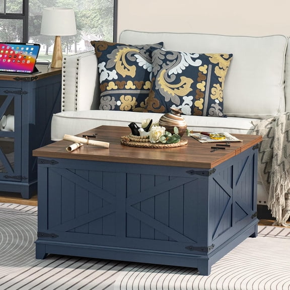 MISSUNNY Farmhouse Coffee Table w/ Hidden Storage, Modern Square Lift Top Center Table, Wood Low Living Room Table, Navy Blue