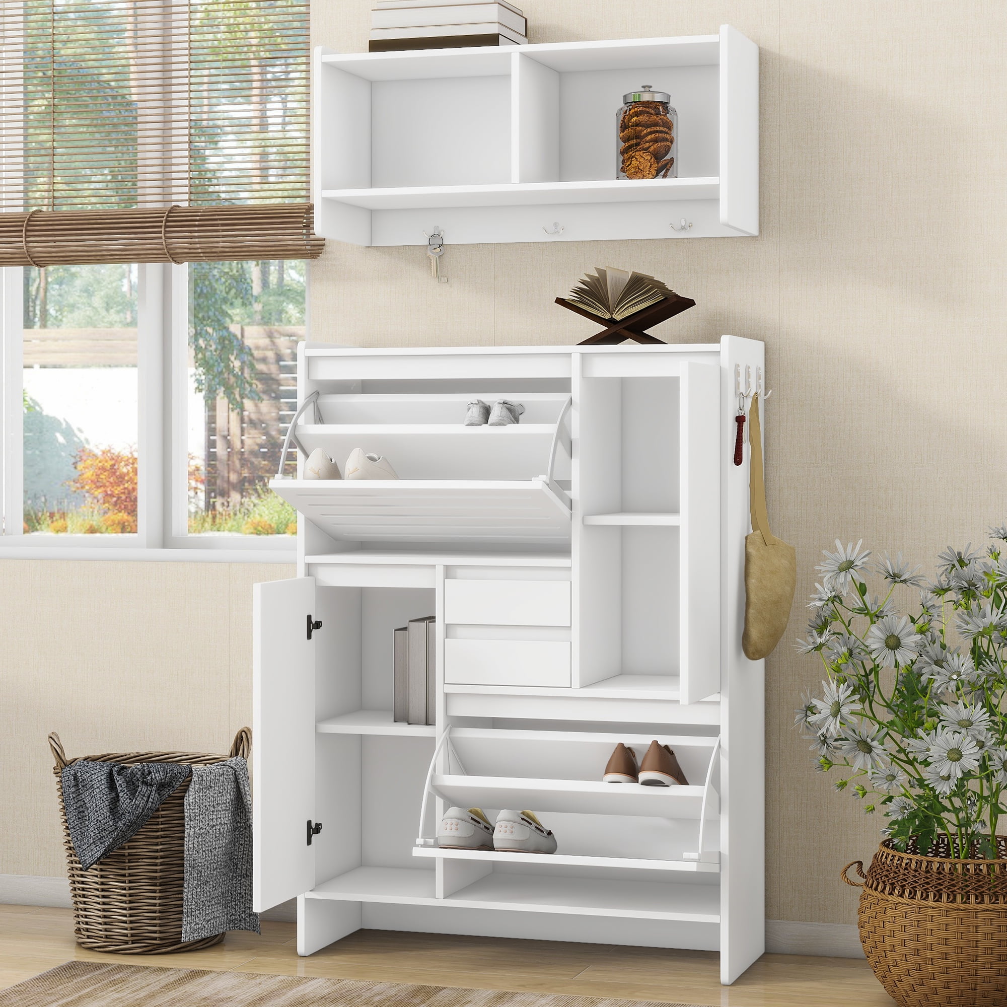 White Particle Board Wall Mounted Multi-Functional Shoe Cabinet