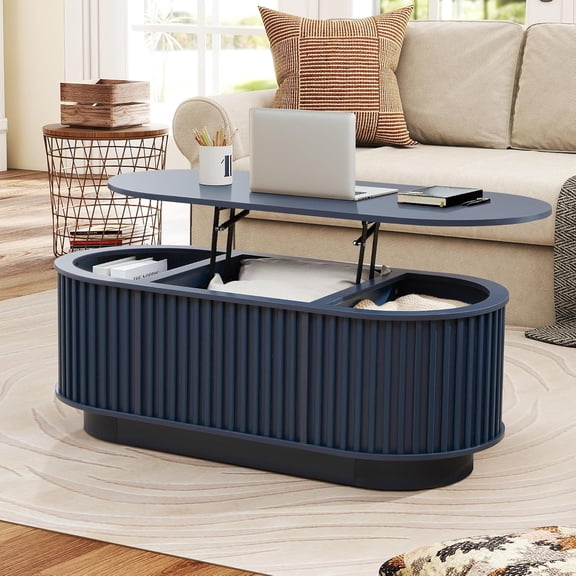 MISSUNNY Oval Lift Top Coffee Table, 43.3" Mid-Century Modern Fluted Wood Center Table w/Hidden Storage, Dining Desk for Living Room, Blue