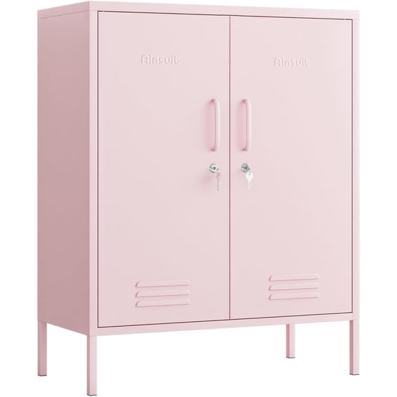 MISSUNNY Pink 2-Door Metal Storage Cabinet - 40"H 3-Tier Heavy Duty Locker w/Removable Shelves, Lockable, for Home Office Garage
