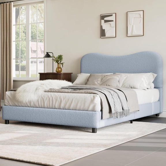 MISSUNNY Queen Boucle Upholstered Platform Bed Frame, Soft Low Profile, Rounded Corners, Heavy Duty, Noise-Free, No Box Spring Needed