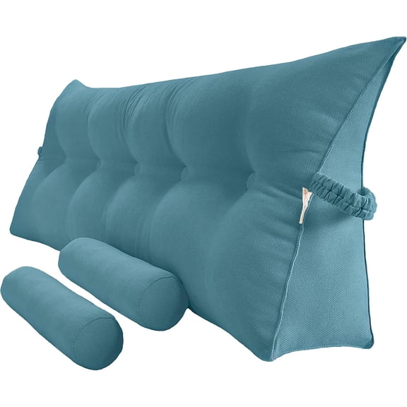 MISSUNNY Queen Headboard Pillow - Teal Blue Wedge Support Cushion with 2 Detachable Roll Pillows for Bed Rest (59"x8"x20")