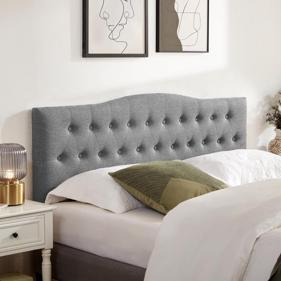 MISSUNNY Queen Tufted Upholstered Headboard, Adjustable 37"-51", Solid Wood, Grey Fabric, Modern Button Diamond Design