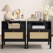 MISSUNNY Rattan Night Stand Set 2, Boho Black Nightstands Set of 2, Bedside Table, End Table with Open Storage Space & Metal Legs, Bedroom Night Stand Wood Nightstand