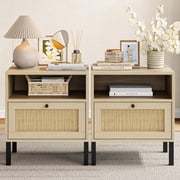 MISSUNNY Rattan Night Stand Set 2, Boho Wood Nightstands Set of 2 with Door, Bedside Table, End Table with Open Storage Space & Metal Legs, Bedroom Night Stand
