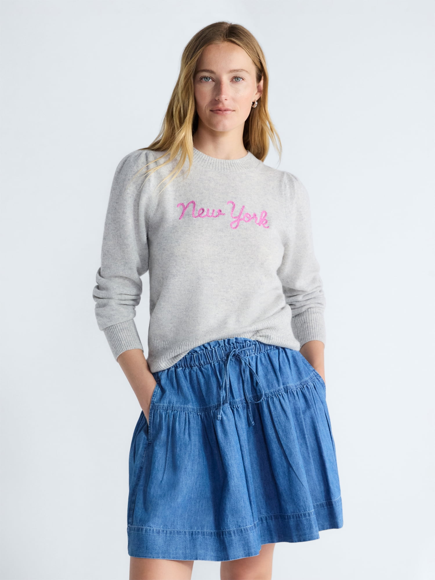 Free Assembly Women's and Women's Plus Embroidered Cashmere Sweater, Midweight, Sizes XS-3X