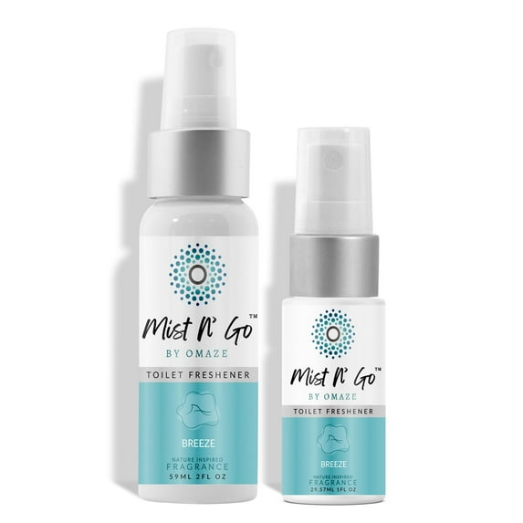 MIST N' GO By OMAZE Refresh Toilet Spray | Bathroom Spray Odor Eliminator | Toilet Smell Eliminator Deodorizer - Breeze (2 Oz x1 + 0.68 Oz x1)