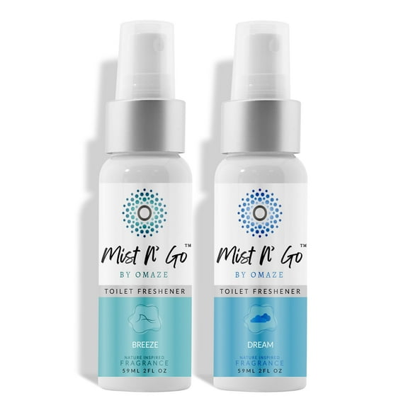 MIST N' GO By OMAZE Refresh Toilet Spray | Bathroom Spray Odor Eliminator | Toilet Smell Eliminator Deodorizer - Breeze + Dream (2 Oz x2)