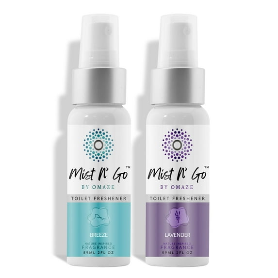 MIST N' GO By OMAZE Refresh Toilet Spray | Bathroom Spray Odor Eliminator | Toilet Smell Eliminator Deodorizer - Breeze + Lavender (2 Oz x2)