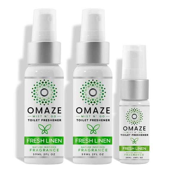 MIST N' GO By OMAZE Refresh Toilet Spray | Bathroom Spray Odor Eliminator | Toilet Smell Eliminator Deodorizer - Fresh Linen (2 Oz x2 + 0.68 Oz x1)