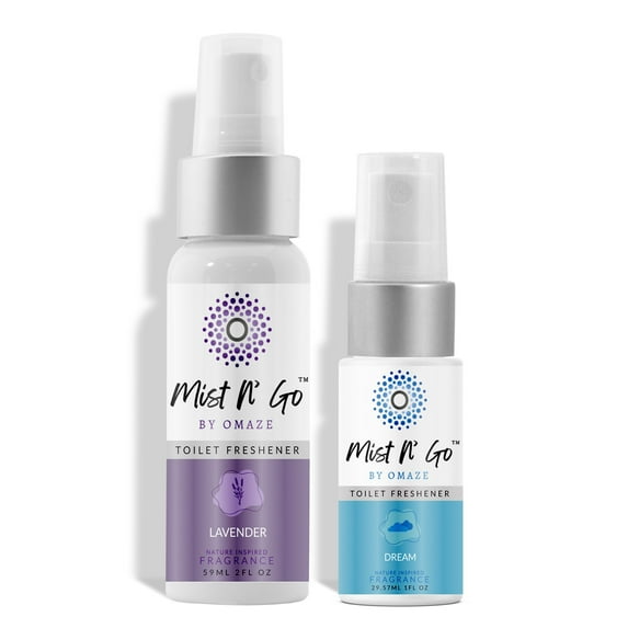 MIST N' GO By OMAZE Refresh Toilet Spray | Bathroom Spray Odor Eliminator | Toilet Smell Eliminator Deodorizer - Lavender 2 Oz x1 + Breeze 0.68 Oz x1