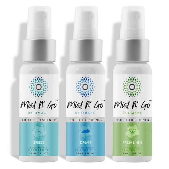 MIST N' GO By OMAZE Refresh Toilet Spray | Bathroom Spray Odor Eliminator | Toilet Smell Eliminator Deodorizer - Breeze + Dream + Fresh Linen (2 Oz x3)