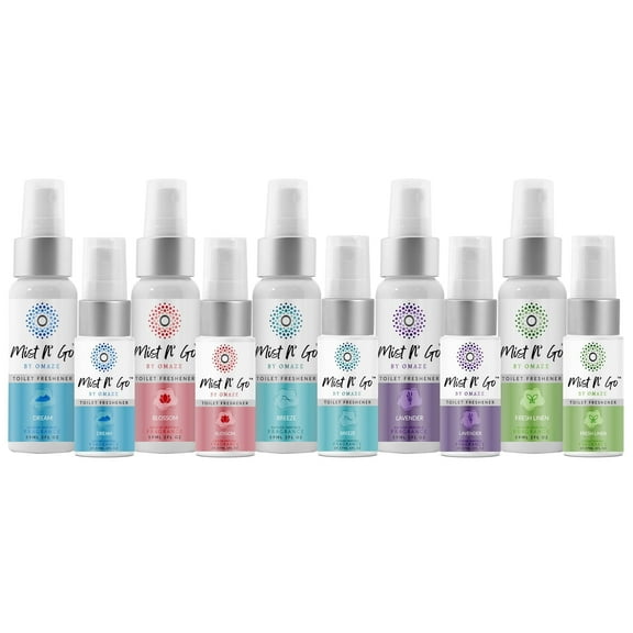 MIST N' GO By OMAZE Refresh Toilet Spray | Bathroom Spray Odor Eliminator | Toilet Smell Eliminator Deodorizer - Breeze + Dream + Lavender + Fresh Linen + Blossom (2 Oz + 0.68 Oz) x5