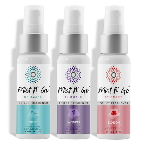 MIST N' GO By OMAZE Refresh Toilet Spray | Bathroom Spray Odor Eliminator | Toilet Smell Eliminator Deodorizer - Breeze + Lavender + Blossom (2 Oz x3)