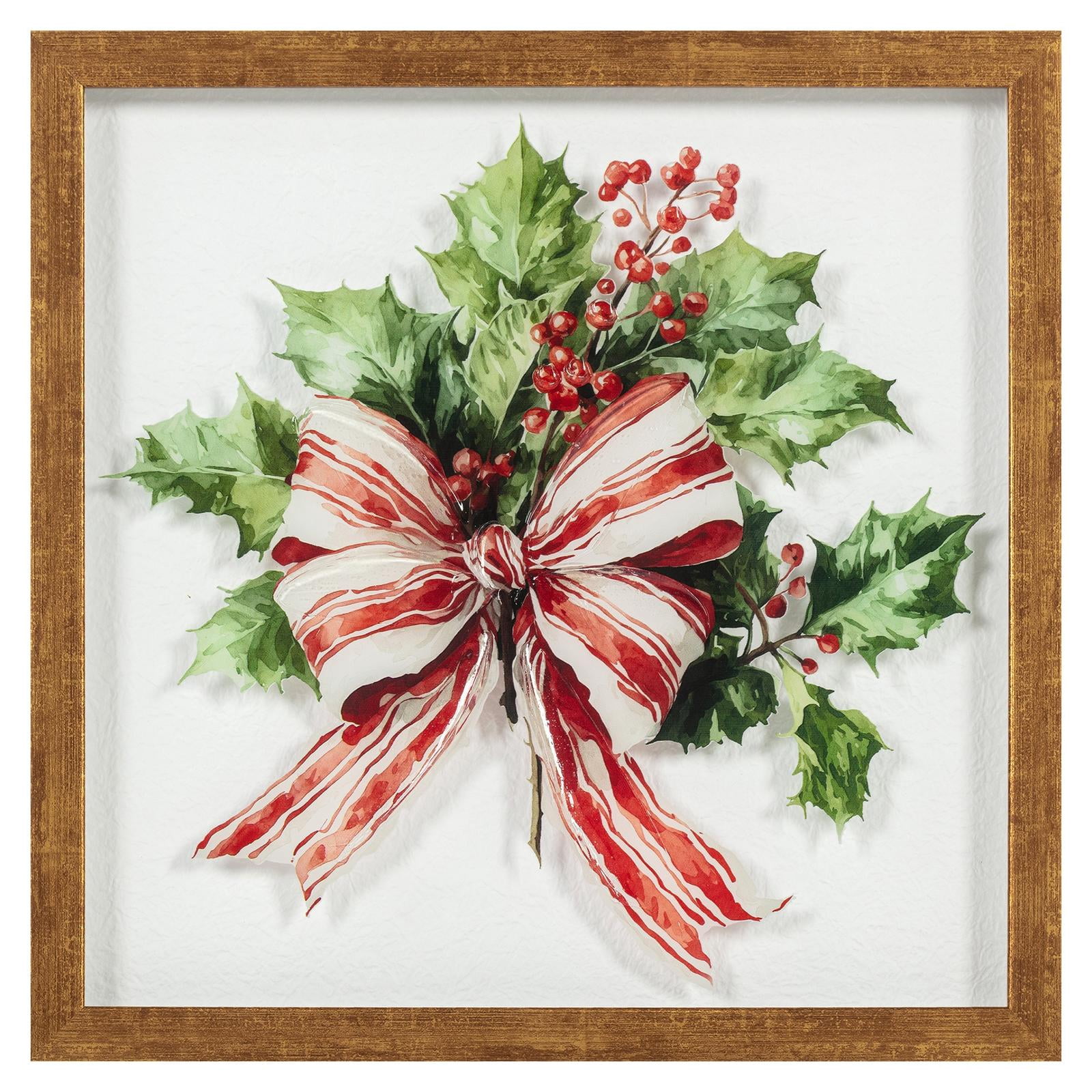 Mistletoe Tied W/Bow Framed Parchment Print Shadowbox Under Flatbed Tinted Gel Embellished Glass, 12x12, Christmas Wall Art by Holiday Time