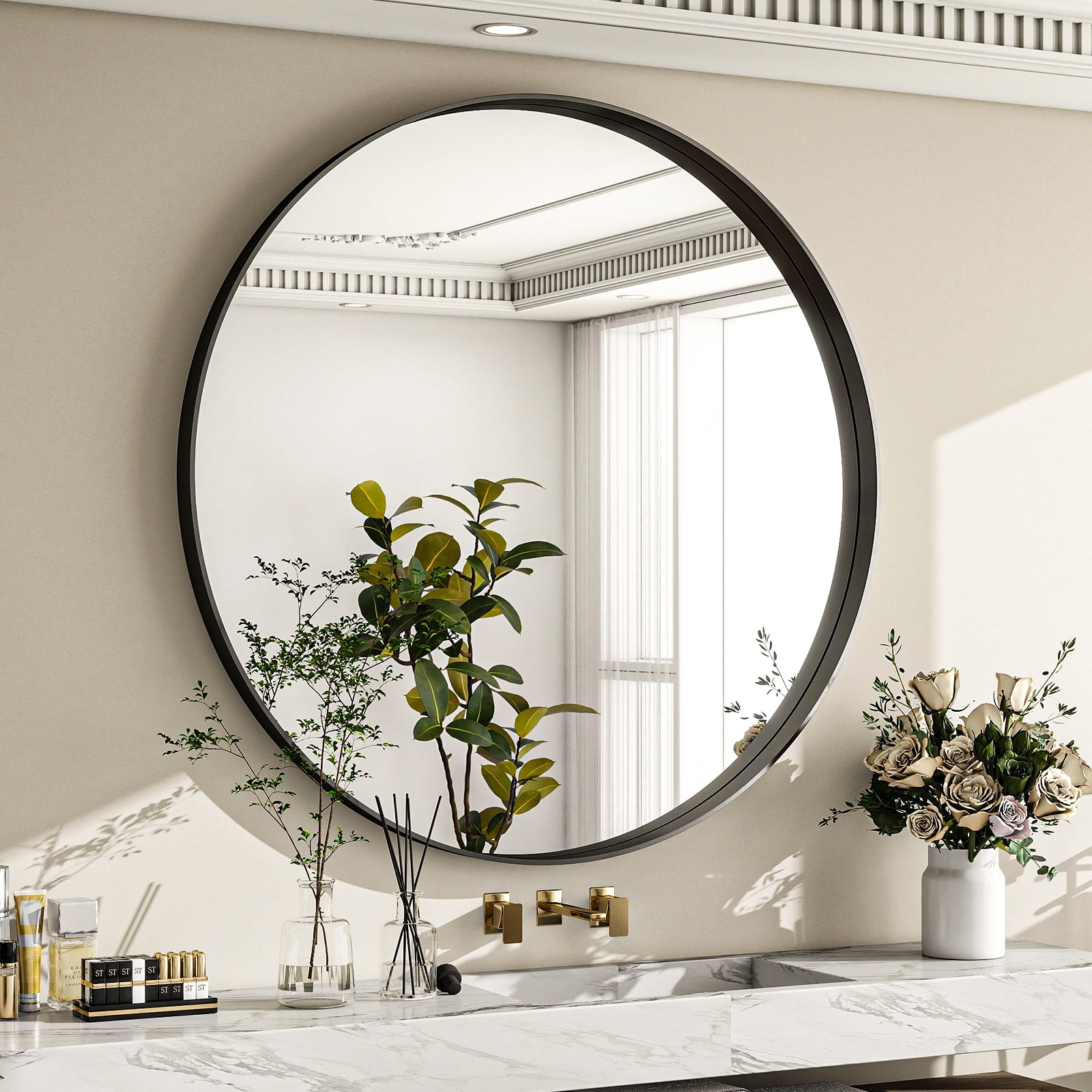 MISTORY 30"x30" Round Bathroom Mirror Wall Vanity Mirror with Deep Frame, Black