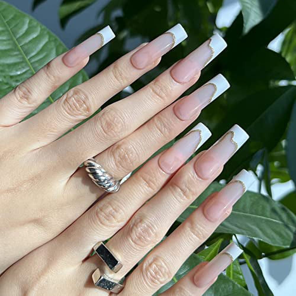 Misud French Tip Press On Nails Long Fake Nails Square False Nails With Glue Glossy Squoval