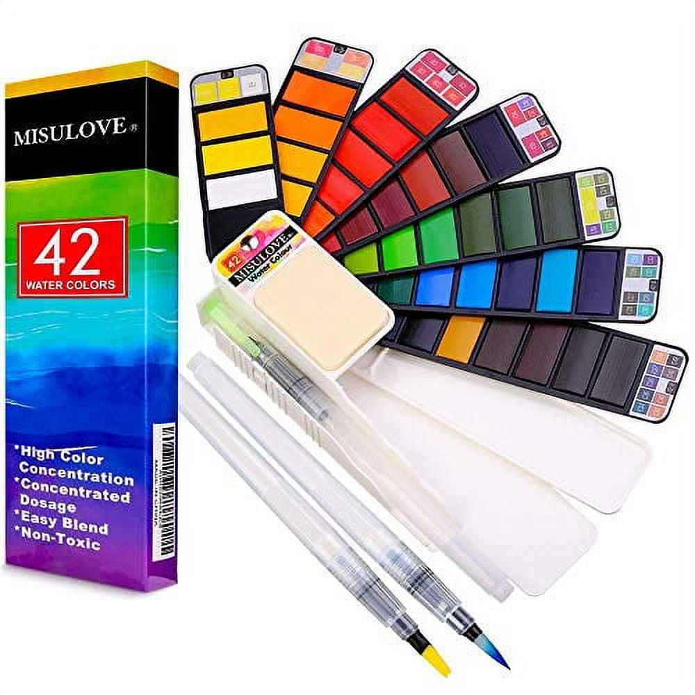 Matthiola 42 Assorted Colors, Foldable Pocket Artist Grade Professional Travel Watercolor Paint Kit/Paint Brush, Perfect for for