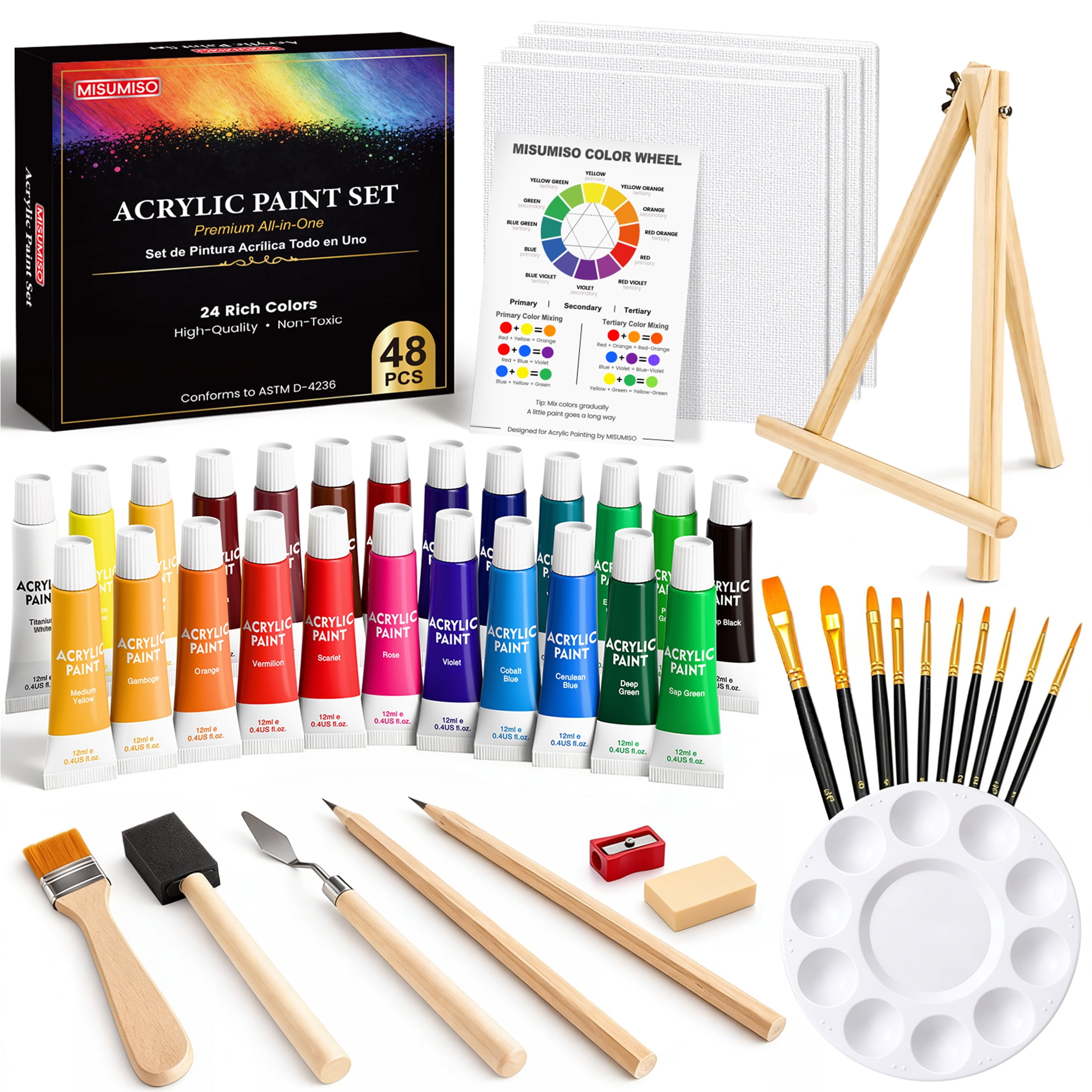 MISUMISO Acrylic Paint Set, 24 Colors Acrylic Paint with 4 Canvas Panels, 10 Brushes, Wooden Easel, Palette & Paint Knives – All-in-One Art Supplies Kit for Beginners & Artists