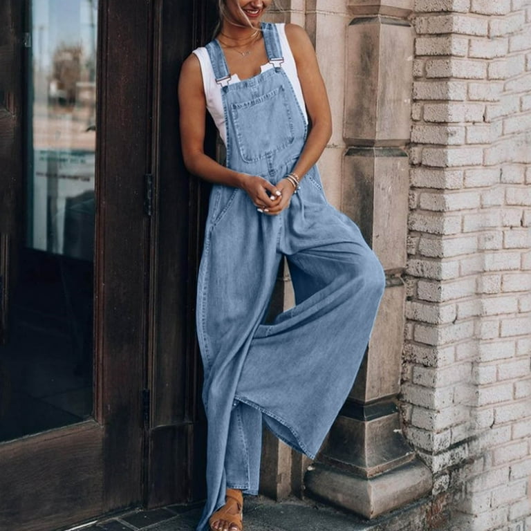 MITCOWBOY Body Suit Womens Washed Denim Bib Jeans Overalls Casual Ripped Denim Jumpsuits Rompers Long Sleeve Bodysuit Overalls Women Blue L