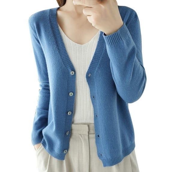 MITCOWBOY Cardigan Sweaters for Women Women's Spring And Autumn Leisure Loose Solid Long Sleeve V Neck Button Knitted Soft Cardigan Coat Sweaters for Women Winter Coats for Women 2024 Trendy Blue M