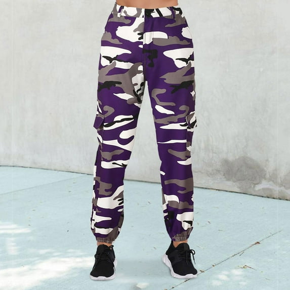 MITCOWBOY Cargo Pants, Women Camo Pants Cargo Trousers Camouflage Pants Elastic Waist Casual Multi Outdoor Jogger Pants with Pocket, Women's Pants, Cargo Pants for Women High Waisted, Purple Xl