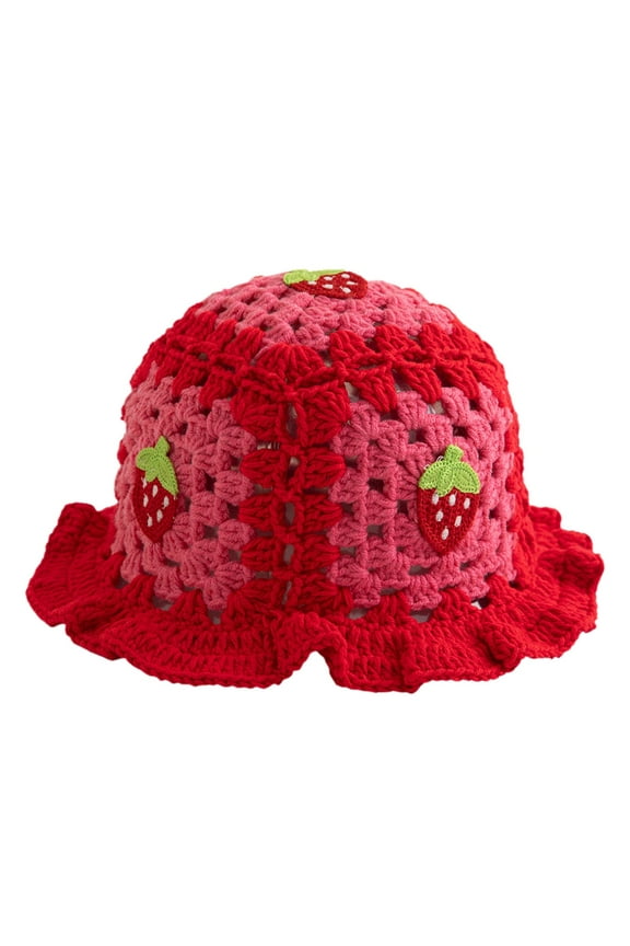 MITCOWBOY Crochet Hat,Hat For Women Strawberry Crochet Bucket Hat Strawberry Crochet Hat,Crochet Bucket Hat,Crochet Hats for Women Red One Size
