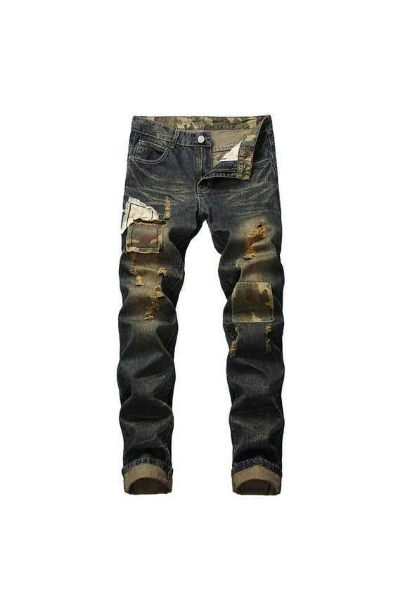 MITCOWBOY Men's Jeans Men's Casual Autumn Straight Ripped Distressed Denim Trouser Pants Jeans Mens Cargo Work Pants Mens Designer Jeans Brown 36