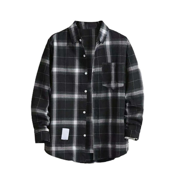 MITCOWBOY Mens Shirts Mens Casual Fall Shirt Lapel Button Long Sleeve Shirt Tops Men's Cardigan Mens Flannel Shirt Plaid Shirts For Men Black XL