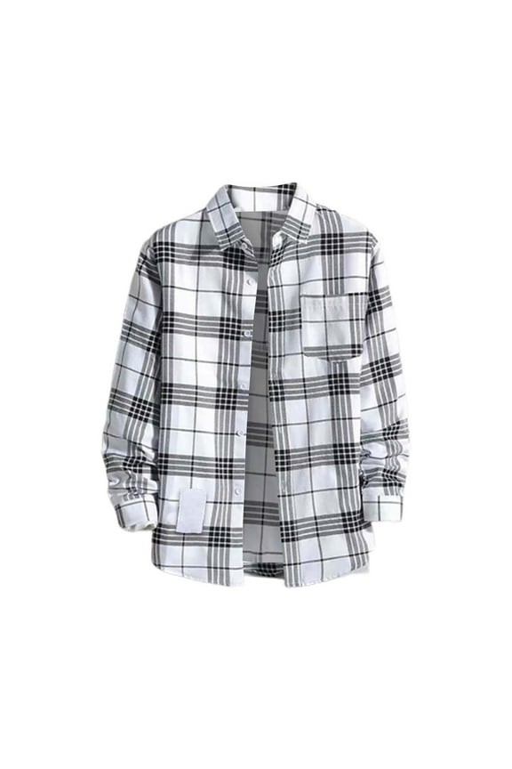 MITCOWBOY Mens Shirts Mens Casual Fall Shirt Lapel Button Long Sleeve Shirt Tops Men's Cardigan Mens Flannel Shirt Plaid Shirts For Men White XL