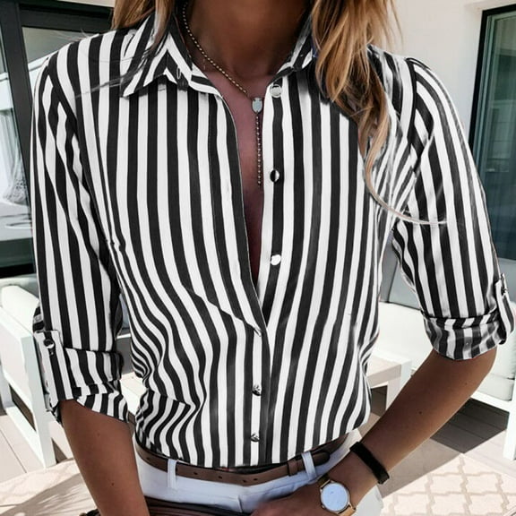 MITCOWBOY Womens Tops, Women Fashion Flat Sleeve Button Striped Print Long Sleeve Casual Blouse Top, Shirts for Women, Black M
