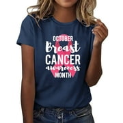 MITCOWBOY Womens Tops, Women's Round Neck Breast Cancer Day Printed Short Sleeve T Shirt, Shirts for Women, Pink Shirts for Women, Navy S (clearance)