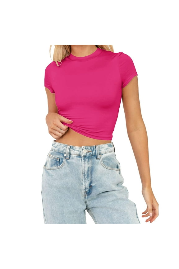 MITCOWBOY Womens Tops, Womens Fashion Summer Short Sleeve Cute Crop Tops Casual Basic Crewneck Slim Fit T Shirts, Shirts for Women, Pink Shirts for Women, Hot Pink S ()