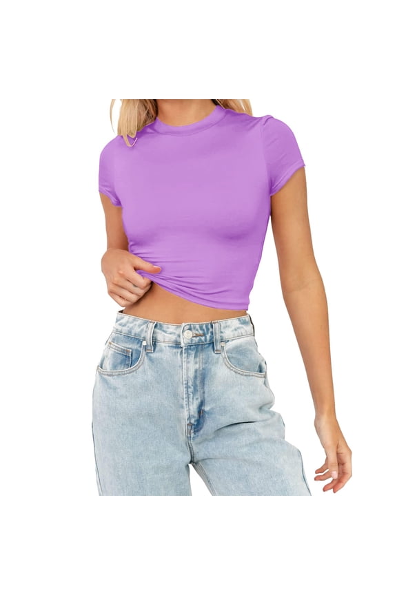 MITCOWBOY Womens Tops, Womens Fashion Summer Short Sleeve Cute Crop Tops Casual Basic Crewneck Slim Fit T Shirts, Shirts for Women, Pink Shirts for Women, Purple S ()