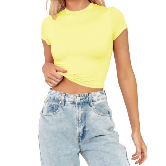 MITCOWBOY Womens Tops, Womens Fashion Summer Short Sleeve Cute Crop Tops Casual Basic Crewneck Slim Fit T Shirts, Shirts for Women, Pink Shirts for Women, Yellow M (clearance)