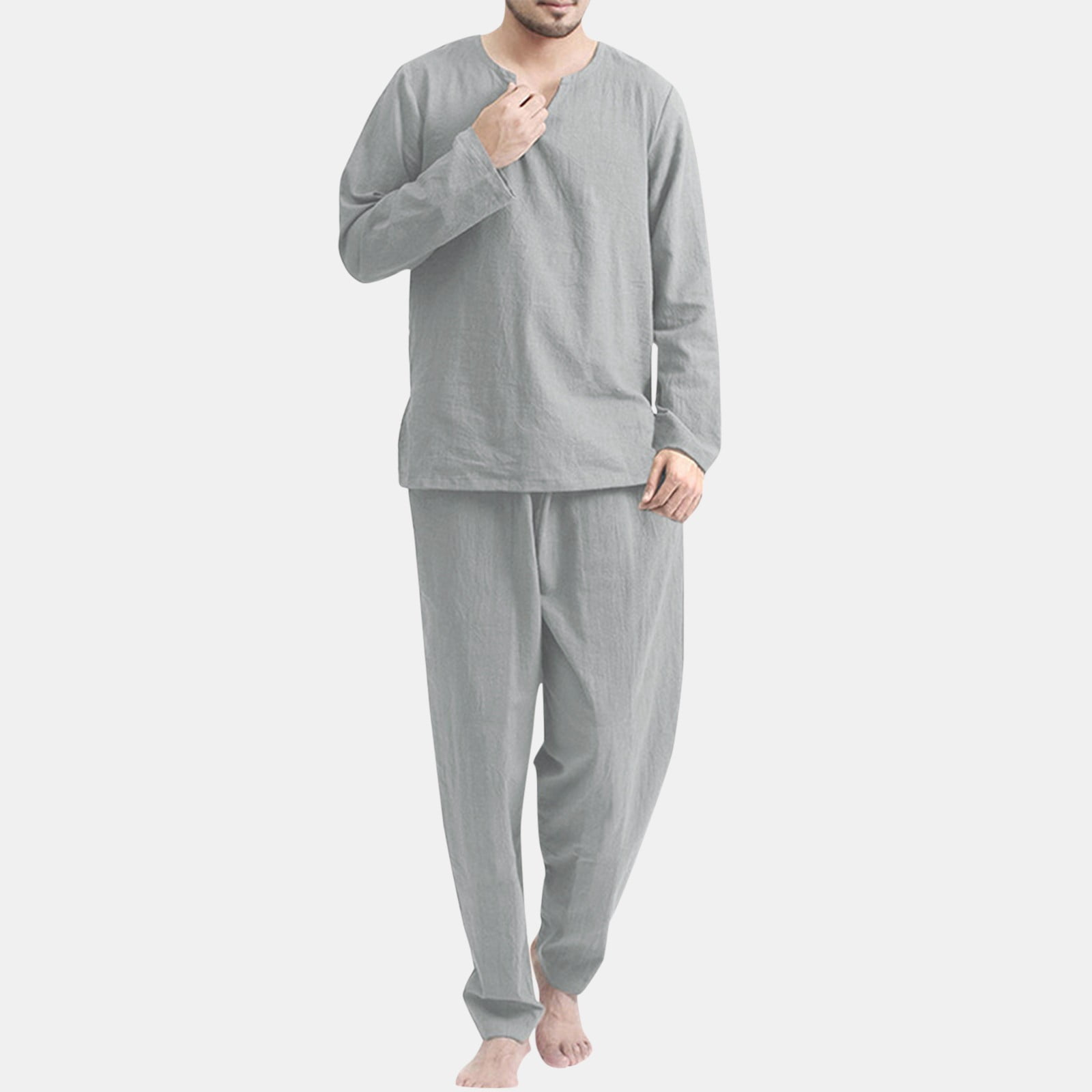 Loungewear Set, Men's Casual Solid Long Sleeve Pant Set V-Neck Pajamas Lounge Two Piece, Shirts for Men, Two Piece Outfits, Grey L