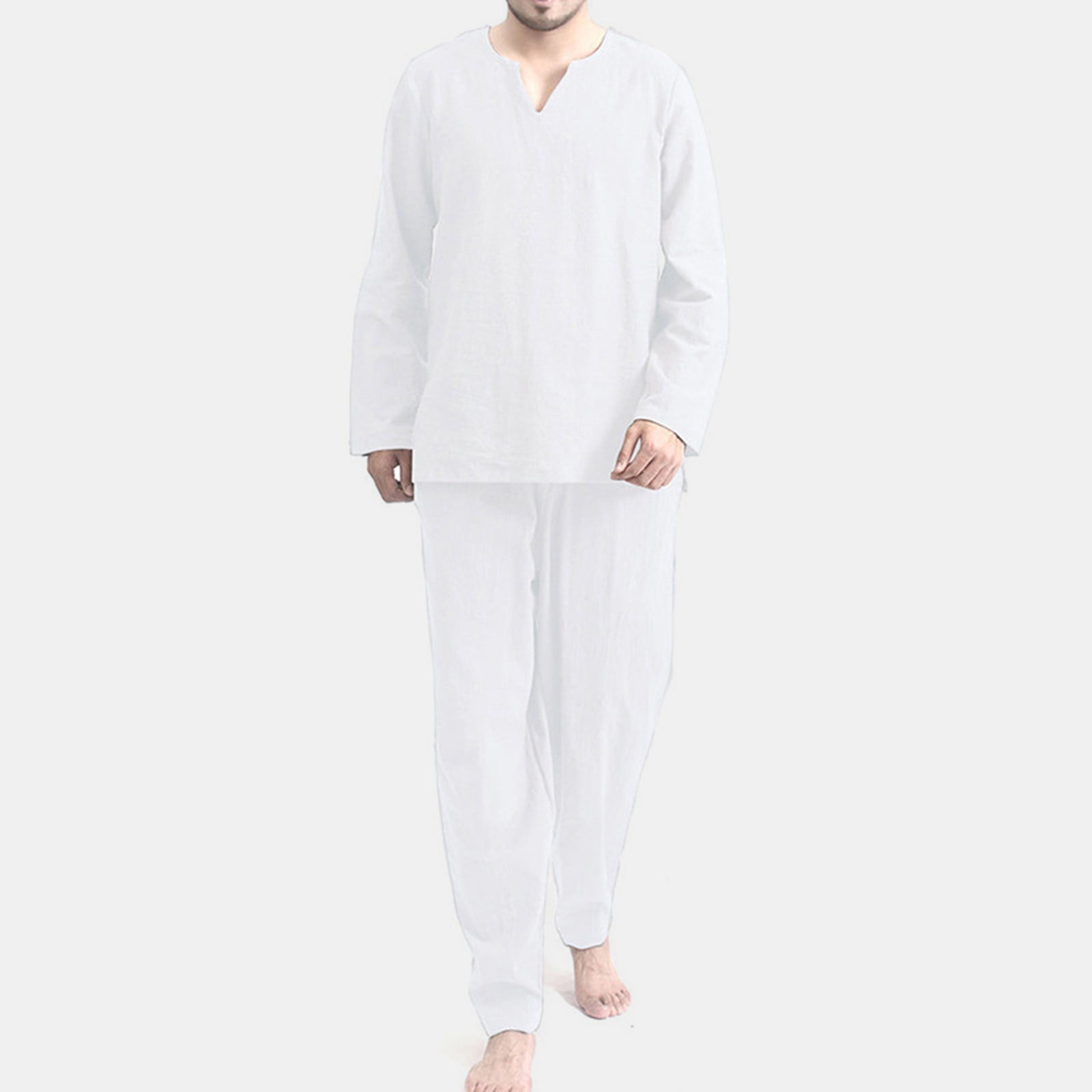 Loungewear Set, Men's Casual Solid Long Sleeve Pant Set V-Neck Pajamas Lounge Two Piece, Shirts for Men, Two Piece Outfits, White 3Xl