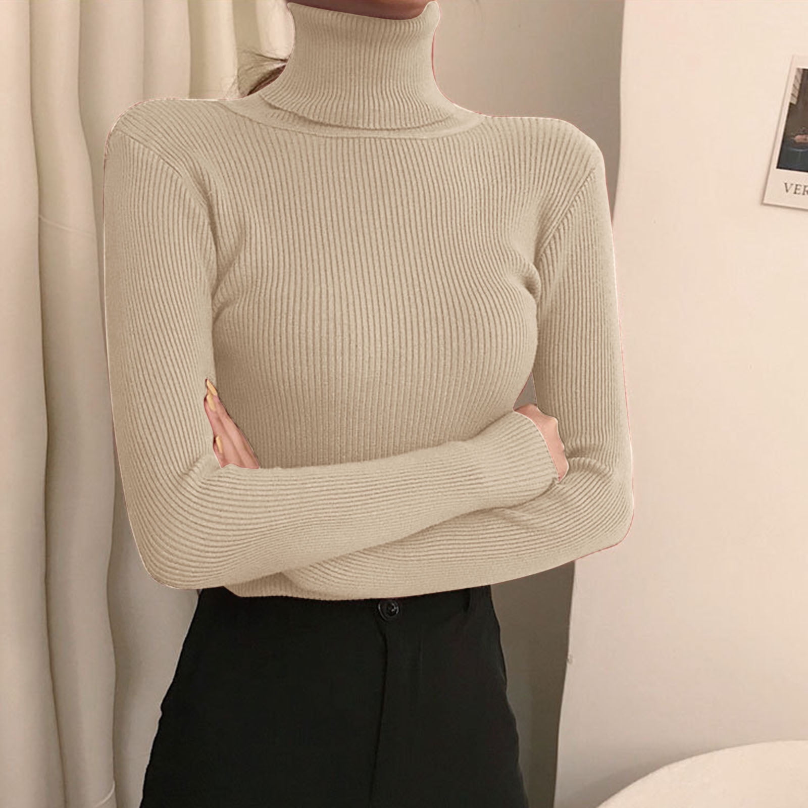 Women's Turtleneck Sweater - Slim Fit Long Sleeve Knit Pullover, Stretch Lapel Neck Warm Top
