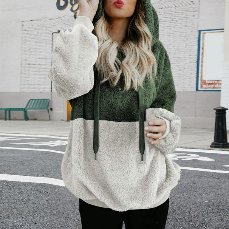 MITCOWBOYS Womens Sweaters Winter Color Splicing Sweatshirt Half Zipper Rope Hooded Double Fleece Sweatshirt Pullover Jacket Ladies Hooded Sweatshirt Hoodies for Women Sweaters for Women Green L Walma...