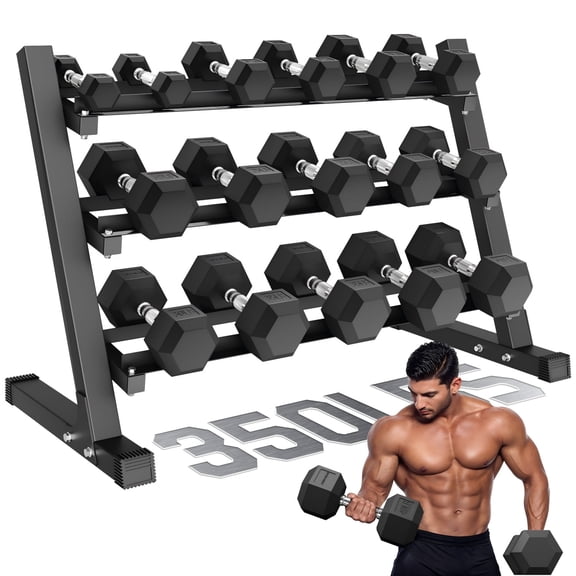 MITONOS 150/350 Dumbbell Sets with Rack, Rubber Hex Dumbbells, Free Weight set for Home Gym, Hand Weights with Chrome Handle for Strength Training with Rack