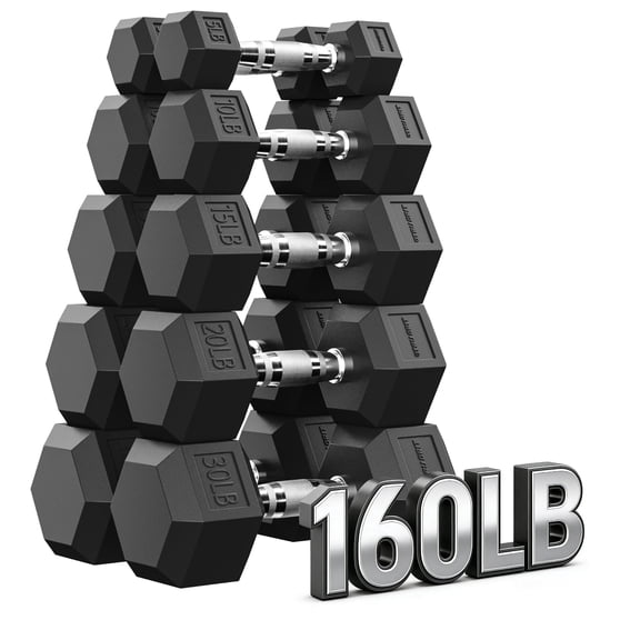 MITONOS 160 Dumbbell Sets with Rack, Rubber Hex Dumbbells, Strength Training Weight Set Home Gym, Hand Weights with Chrome Handle for Strength Training