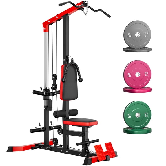 MITONOS 3 in 1 LAT Pulldown Machine,LAT Row Cable Machine with AB Crunch and Cable Row Attachments for Home Gym,High or Low Pulley Stations with Weight Plates (Red)