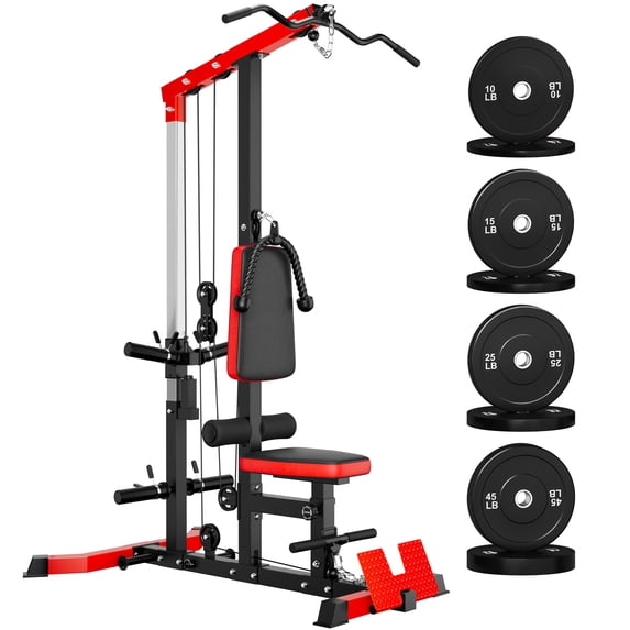 MITONOS 3 in 1 LAT Pulldown Machine,LAT Row Cable Machine with AB Crunch and Cable Row Attachments for Home Gym,High or Low Pulley Stations with Weight Plates (Red)