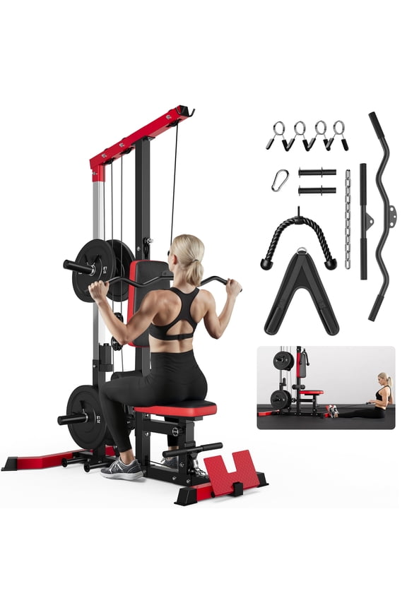 3 in 1 LAT Pulldown Machine,LAT Row Cable Machine with AB Crunch and Cable Row Attachments for Home Gym,High or Low Pulley Stations (Red)